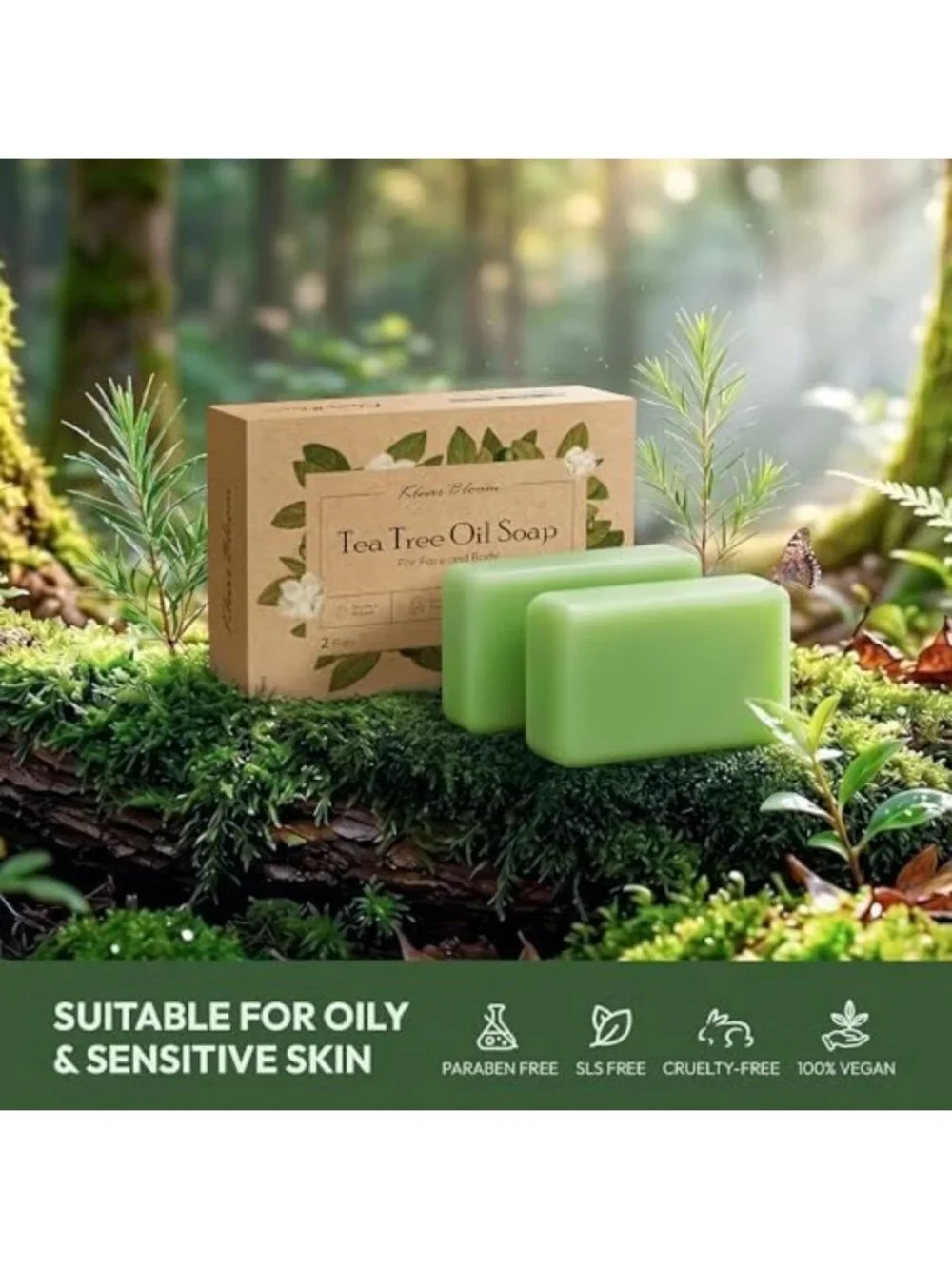 Antifungal Tea Tree Soap - 4 Bars for Oily, Blemish-Prone Skin Care, 105g Each